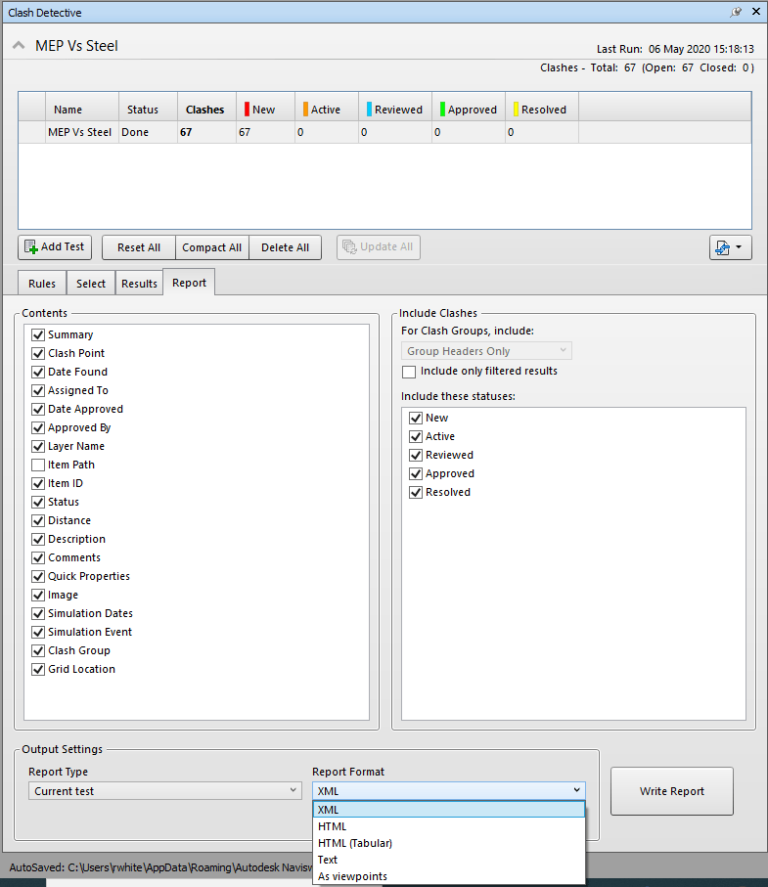 Navisworks Manage Clash Report